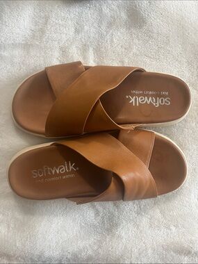 SoftWalk Women's Tan Crossover Slide Sandals